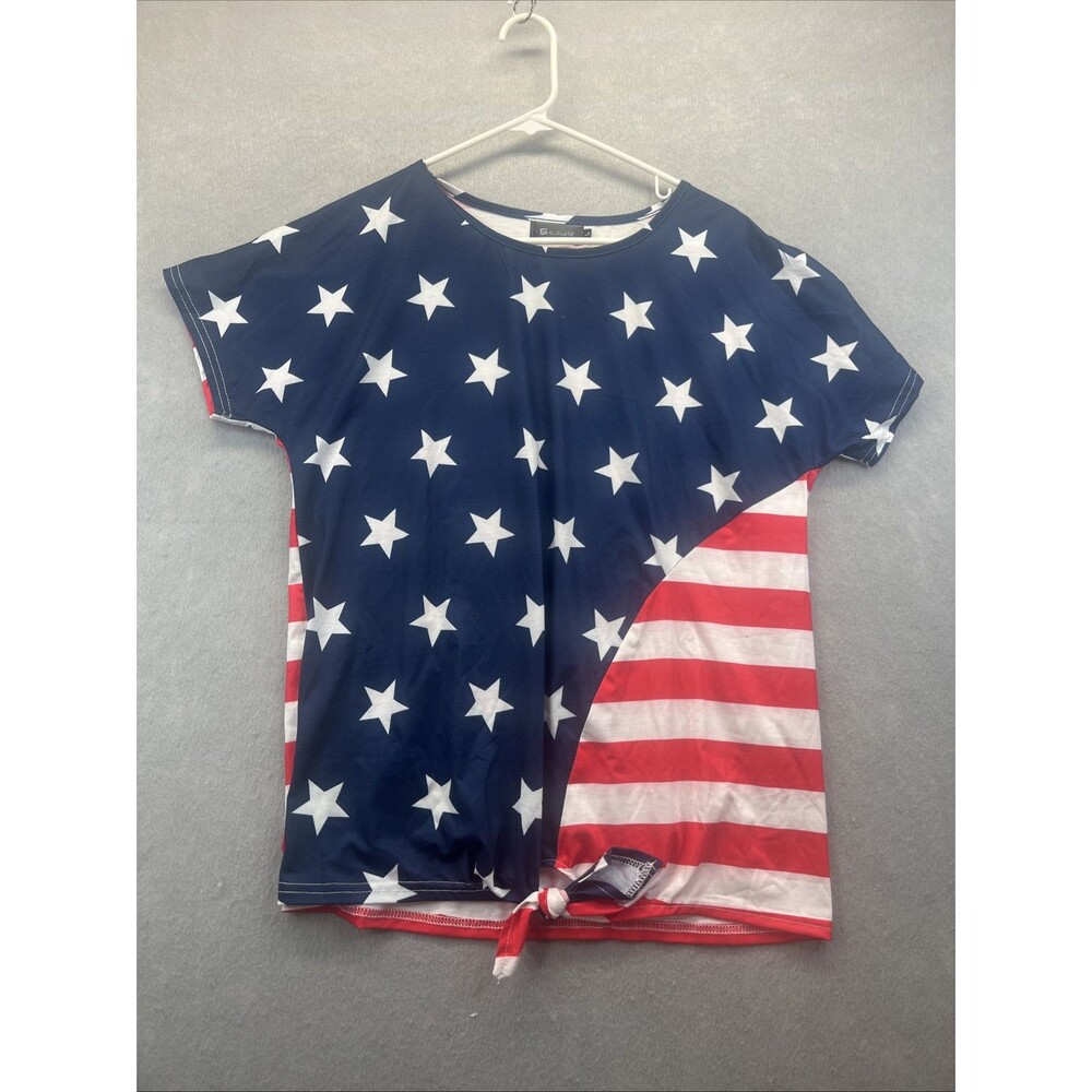 Patriotic For Gand PL July 4th Womens Flag Print Shirt L Tie Front Stars Stripes